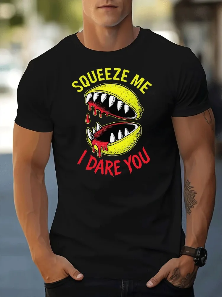 T-shirt bleu vif pour homme, coupe ample, col rond, manches courtes, décontracté d'été, avec imprimé 'Scary Monster Jaw Squeeze Me I Dare You Text'