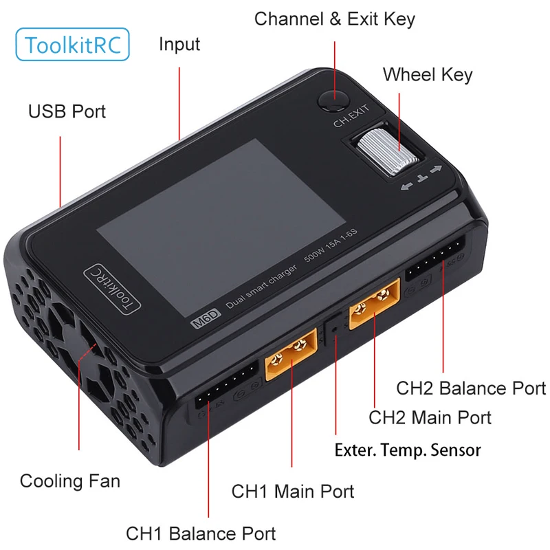 ToolkitRC M6D 500W 15A DC Dual Channel MINI Smart Charger Discharger For 1-6S Lipo Battery FPV Model Spare Parts