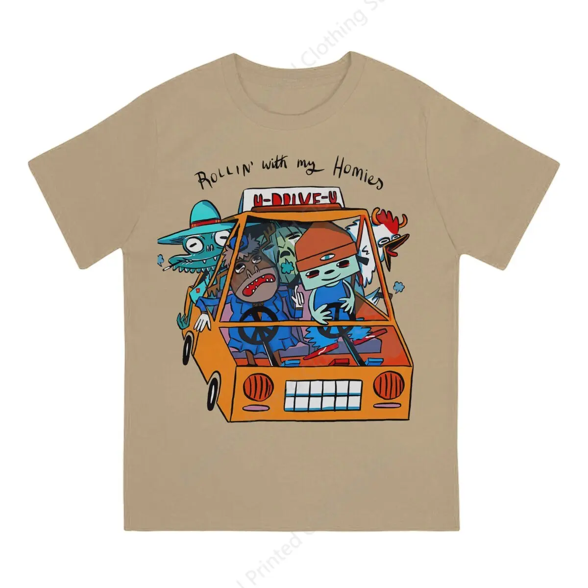 PaRappa The Rapper Couple T-Shirt Drive The Car Unique Funny Printing T-Shirts Loose Crewneck Breathable Tee Cotton Fun Tees