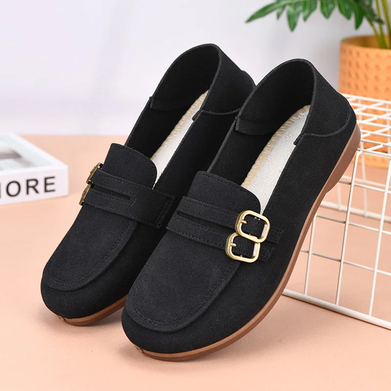 

2025 New Fashion Casual Slip-On Women's Shoes Mom Shoes Flat Bottom Bean Bean Work Shoes Black Leather round Toe Low Heel