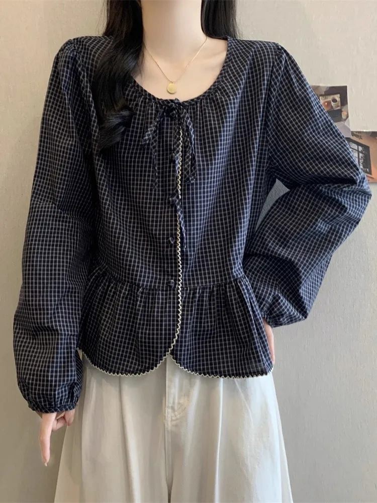 Unique Super beau k bleu Plaid Long Sve irt automne 2025 nouveau grande taille femmes Faionable pleine Figure haut