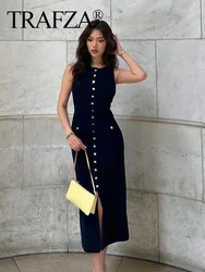 TRAFZA Women Elegant Solid Sleeveless Knitted Long Dress Fashion Single Breasted O Neck Dresses Female Chic Slim Midi Tank Dress