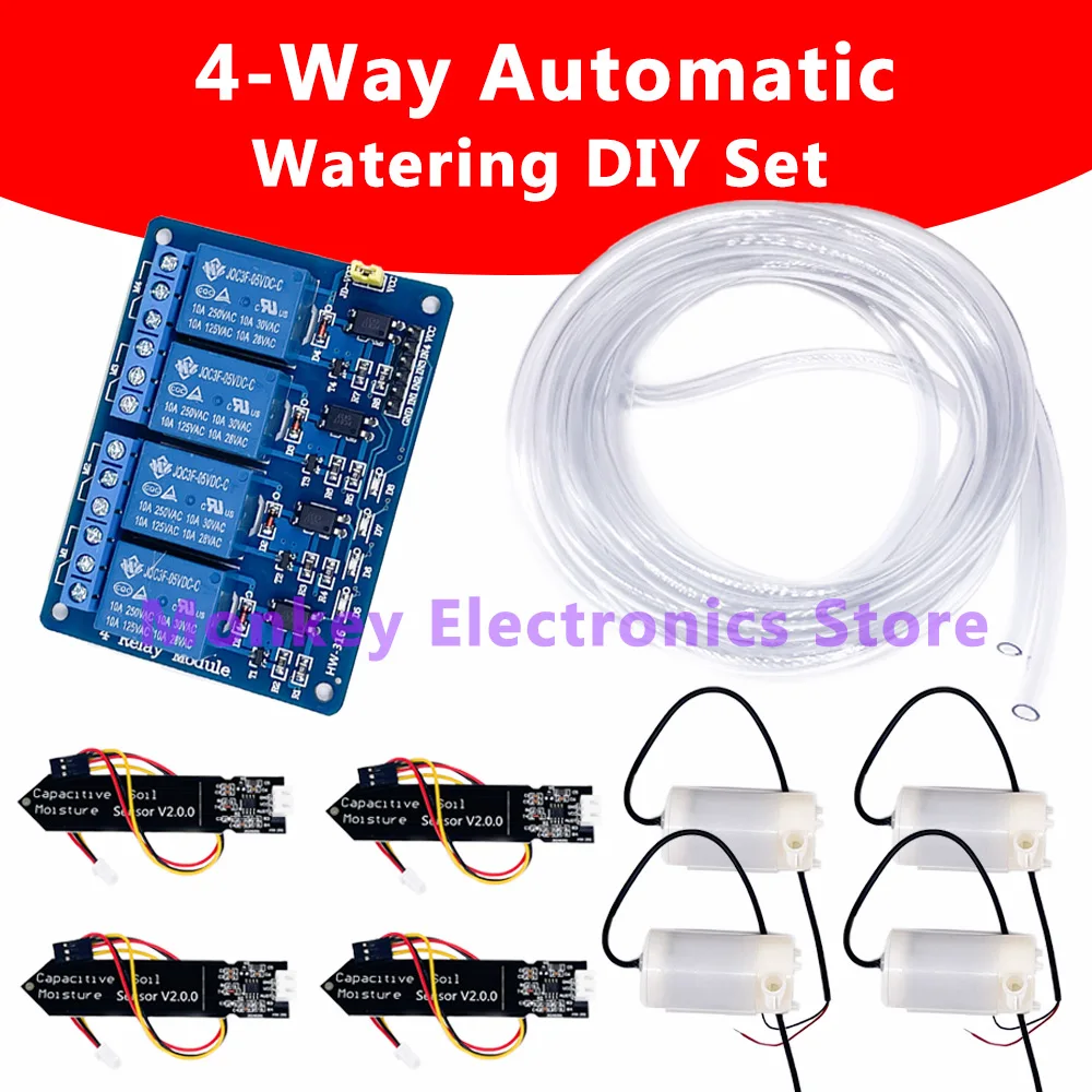 Conjunto diy de rega automática de 4 vias para relé de 4 vias, 4 bombas de água, 4 sensores de solo ou tem placa Uno R3, cabos Dupont para conjunto