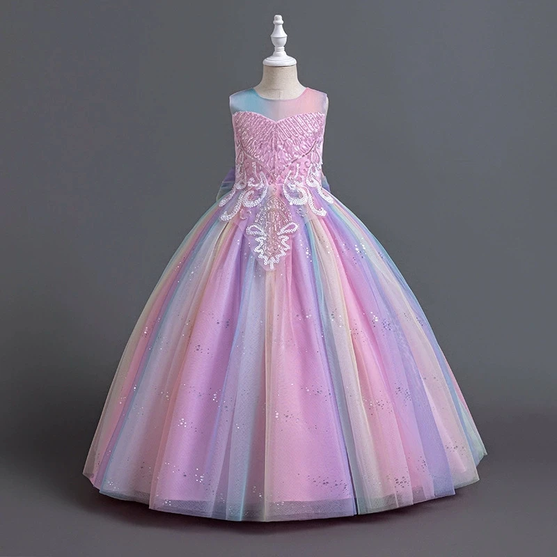 Fashion Girls Sequin Dress Mesh Lace Sleeveless Flower Girl Dresses for Weddings Summer Children Girls Party Dresses 3-13 Years