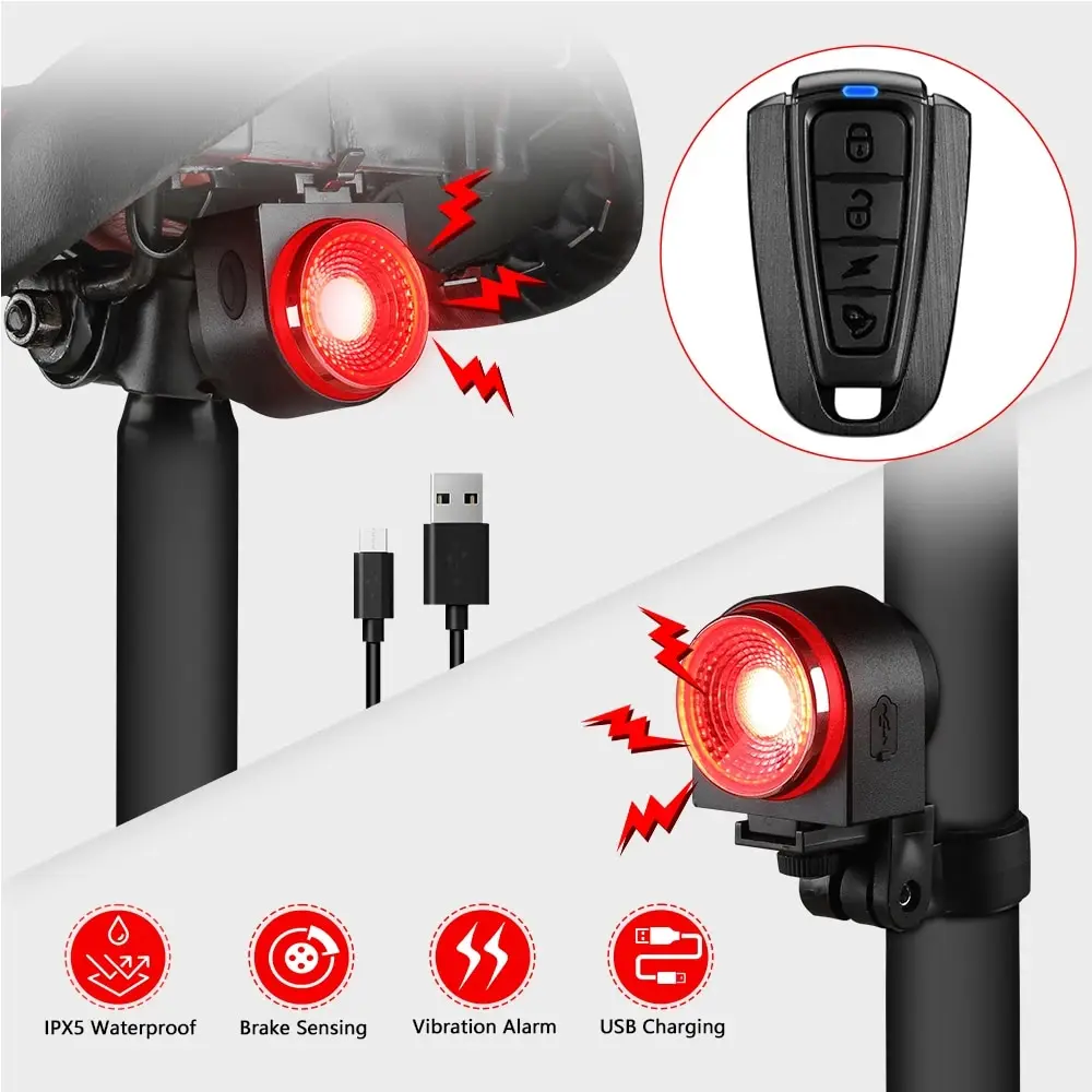 Luz trasera de bicicleta con carga USB, alarma de bicicleta, Control remoto, antirrobo, 115dB, impermeable, sensor inteligente de freno, luces traseras