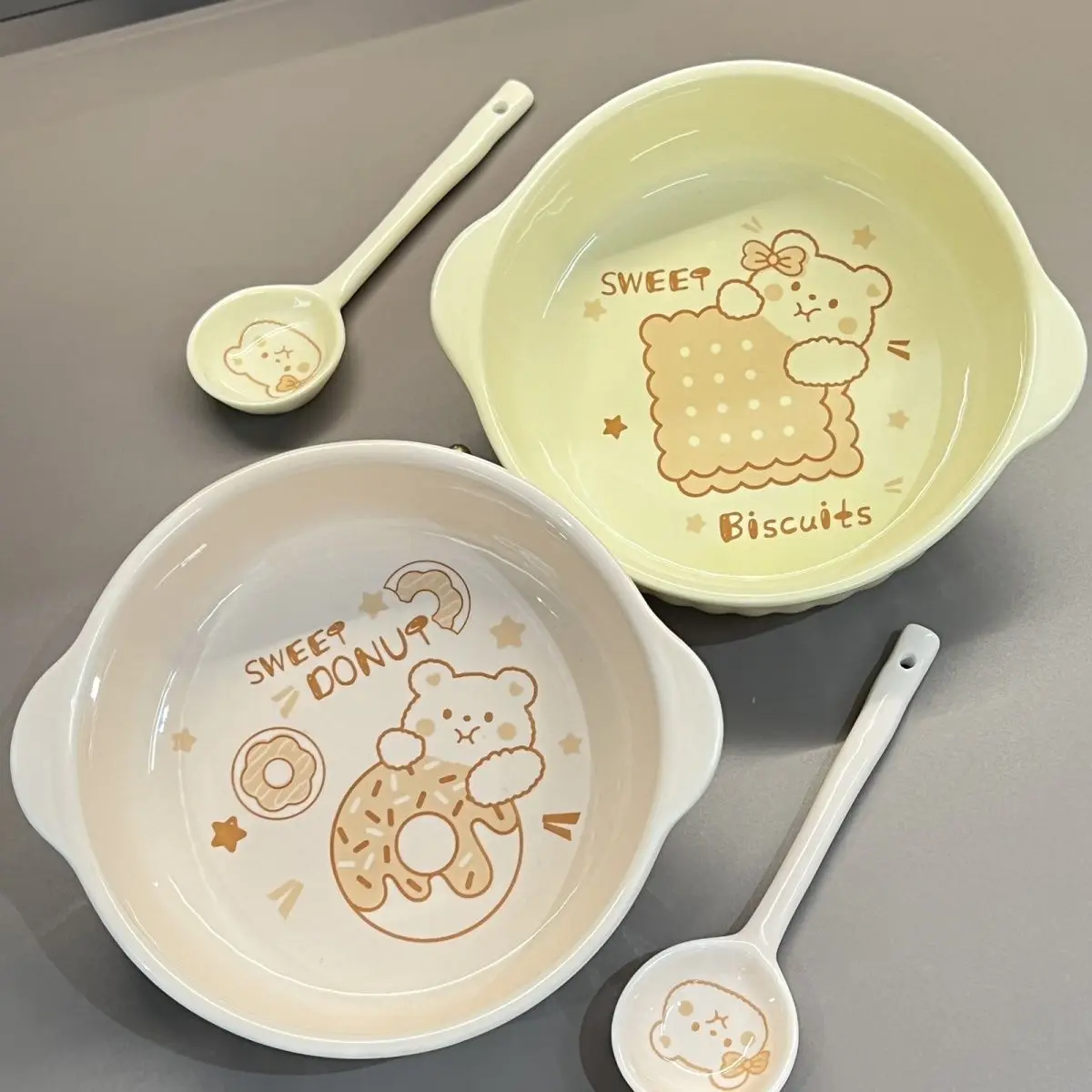 Cream Bear Bowl 7.5-inch Double Ear Ceramic Face Bowl Salad Bowl Underglaze Color Student Cute Home High Beauty Large Ceramic