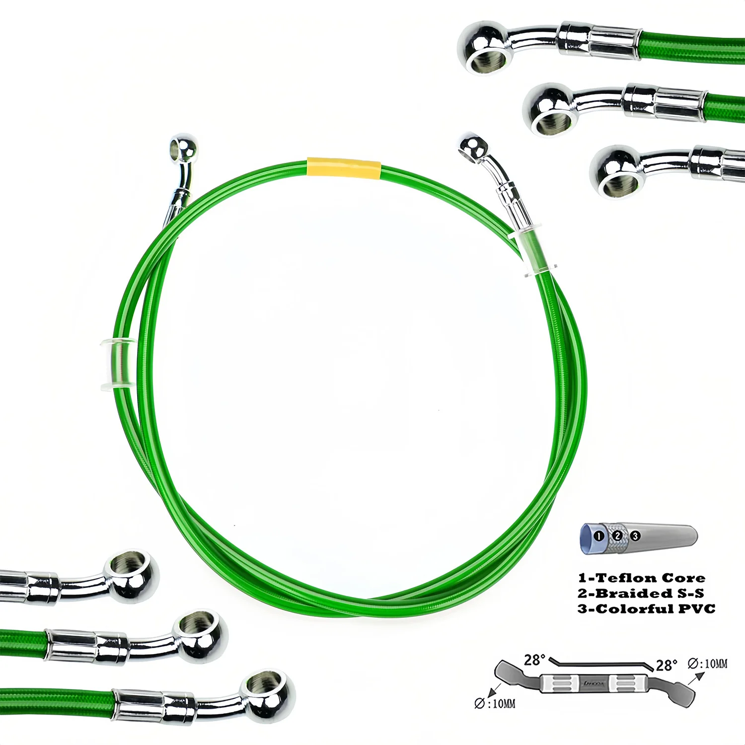 Green 400mm-2200mm Brake Hose Hydraulic DOT Line Cable 10mm 28°-28° Banjo for Suzuki Kawasaki Yamaha Pipe Line Braided oil hose