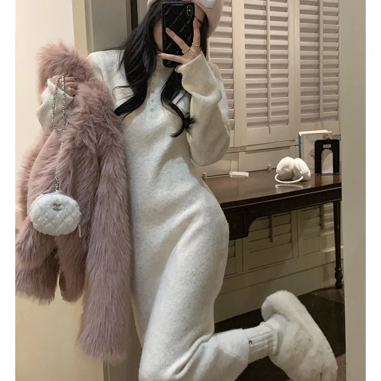 Thiened malha dr feminino sle chique suave branco cor misturada camada base saia longa commute faion chumbo lápis