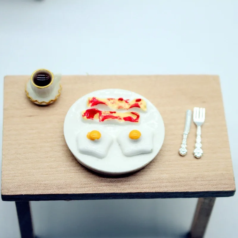 Dollhouse Miniature Breakfast Egg Bacon Food Play Plate Model Small Ornament