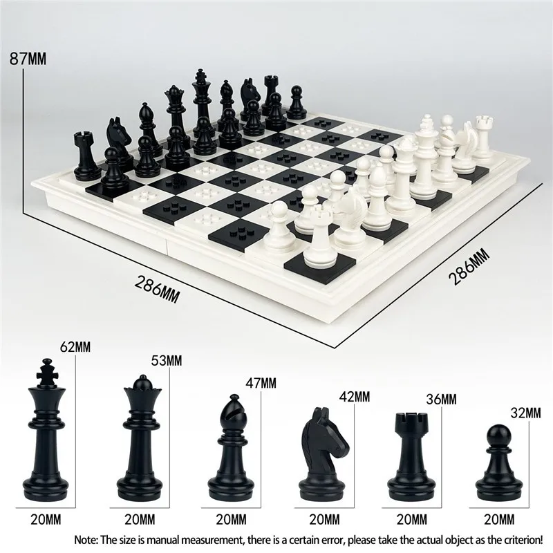 흰색 체스 세트, 보관 상자가 있는 프리미엄 접이식 빌딩 블록, 흑백 디자인, 어린이를 위한 탁상 게임 장난감