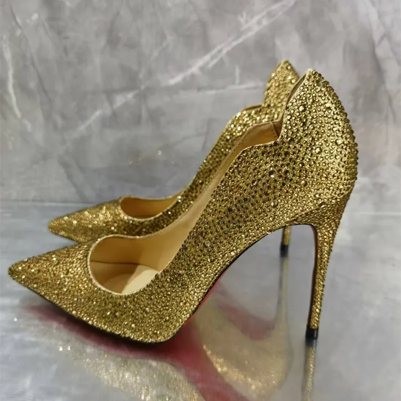 

Qianruiti Women Sexy Pointed Toe Stiletto High Heels 12cm Red Golden Rhinestone Wedding Party Dress Elegant Pumps Woman 35-43