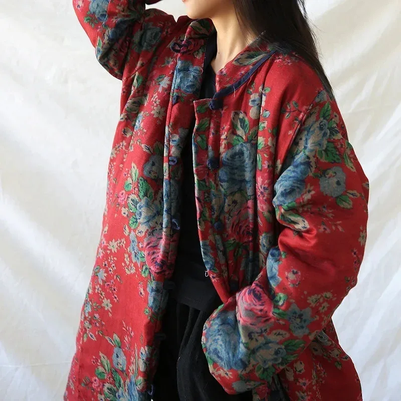 Chinese Style Clothing Warm Cotton Print Flower Coat Robes 2024 Winter New Loose Retro Women Vintage Parkas 13 NM33 view 4