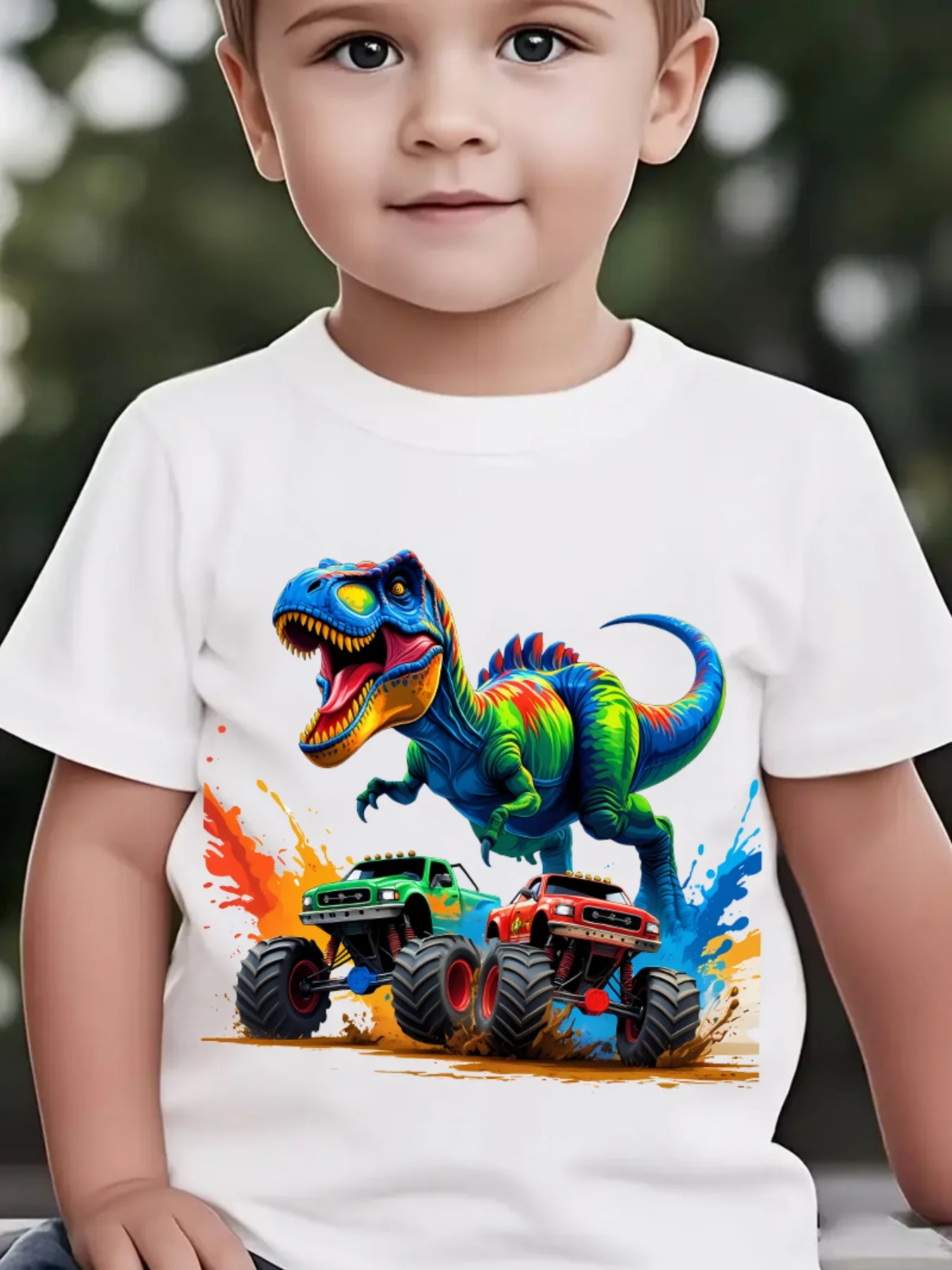 Kids Boys Girls Family Matching T Shirt Colorful Dinosaur Monster Truck Splash Art Graphic Print Short Sleeve Tee Casual Tops