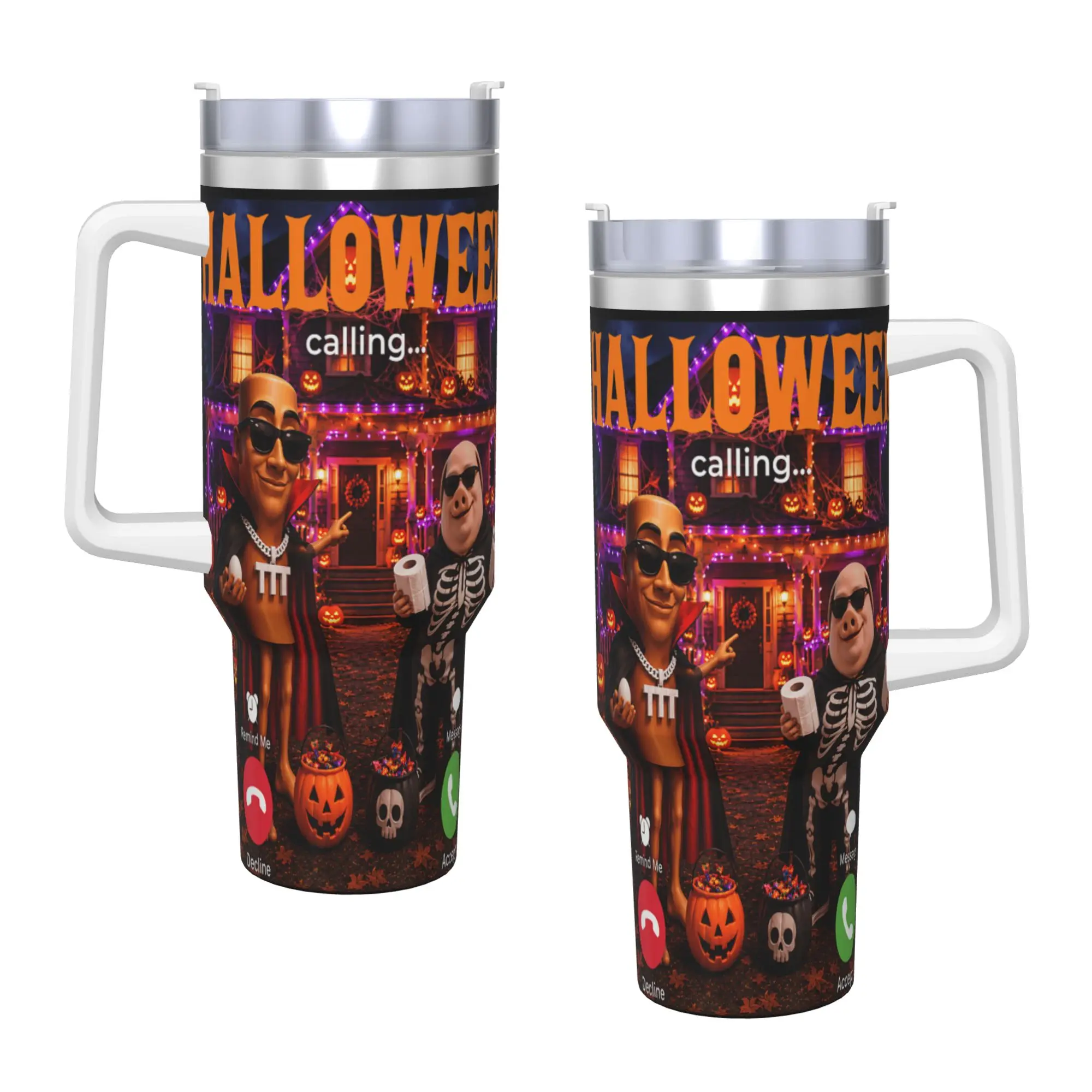 Spooky House Brainrot Haunted John Pork Tung Sahur Halloween Tumbler Water Bottle Leakproof Stainless Steel Thermal Cups