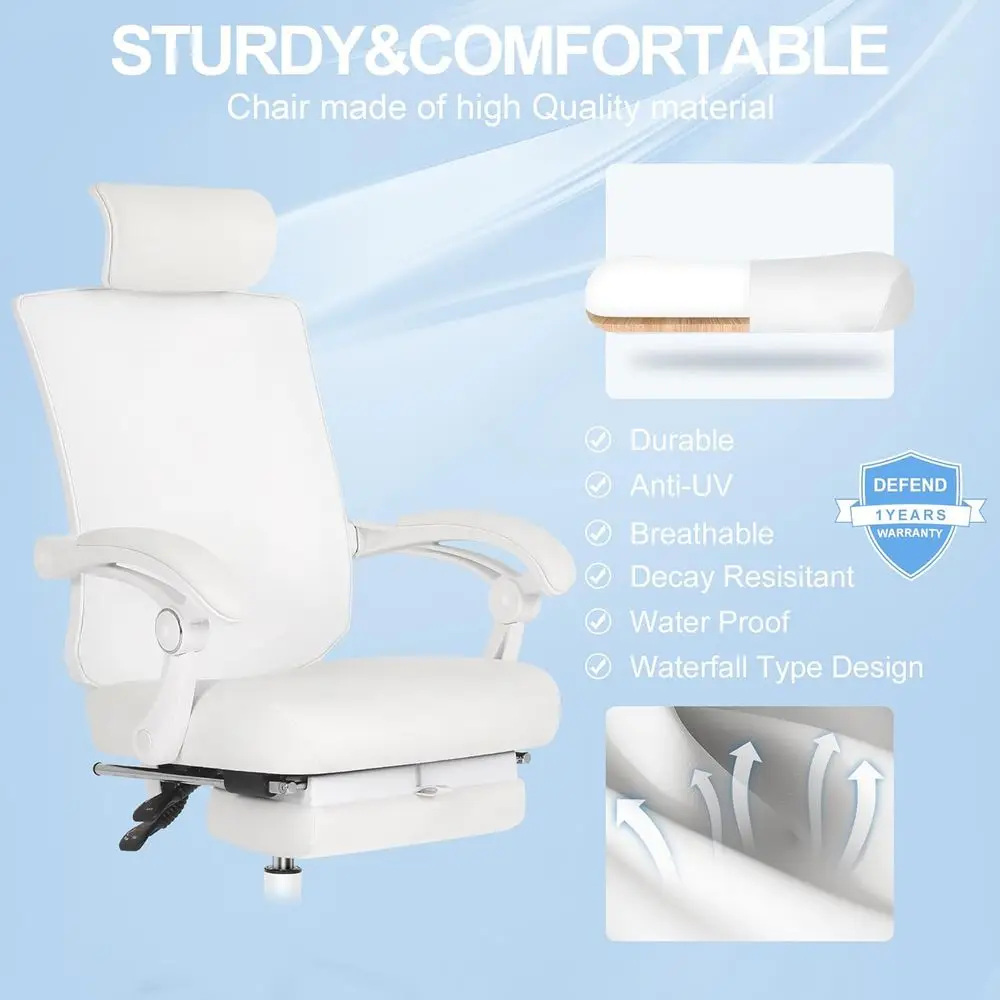 Silla ergonómica de cuero blanco con soporte lumbar ajustable y reposacabezas