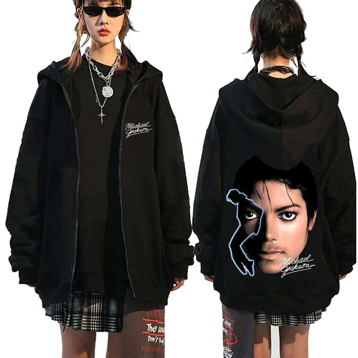 Moletom com Zíper Gráfico Grande do Rei do Pop Michael Jackson, Jaqueta Masculina de Moda Rock, Moletom Retrô Gótico com Zíper