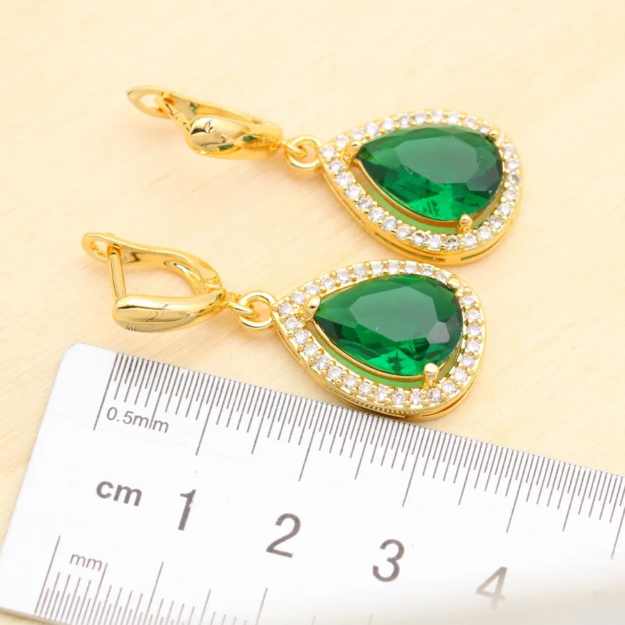 WPAITKYS Green Created Emerald White CZ Gold Color Jewelry Sets For Women Drop Earrings Necklace Pendant Rings Free Gift Box