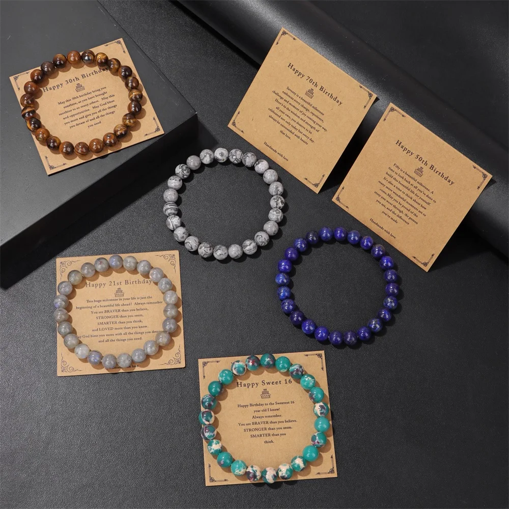 Wholesale Birthday Cards Bracelet Natural Stone Rose Quartz Amethysts Amazonite Beads Bracelets Women Men Lucky Jewelry Gift