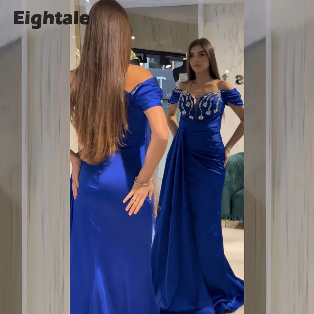 Eightale Royal Blue Evening Dresses Sweetheart Beaded Off the Shoulder Arabic Mermaid Prom Party Gown Wedding Vestidos De Gala