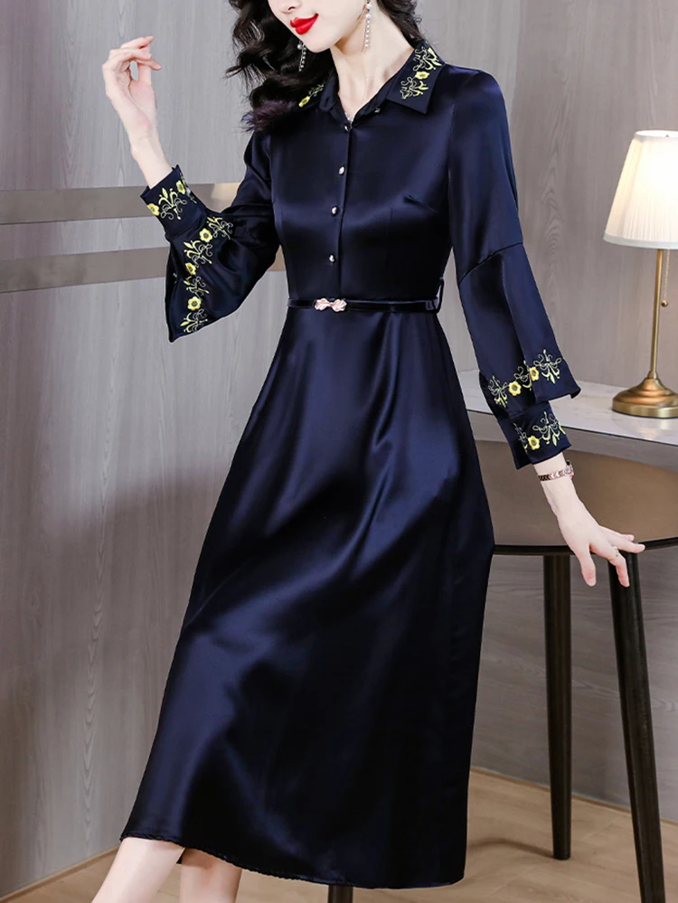 Vestido largo de satén de seda con bordado de lujo para mujer, vestido coreano Vintage Hepburn, vestido elegante de vendaje ajustado para graduación, otoño e invierno, 2024