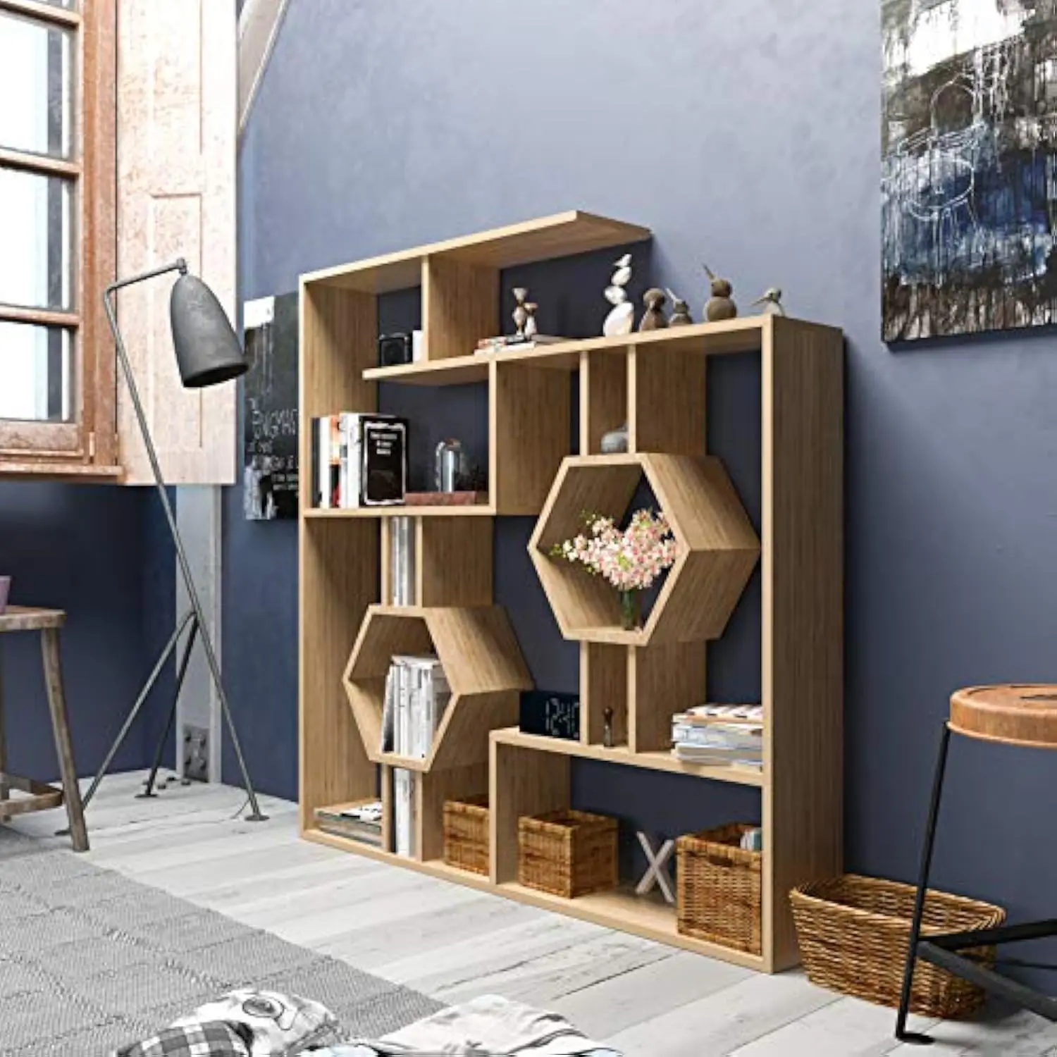 

- Tamara Geometric Bookcase Modern Bookshelf Shelving Unit Cubic Bookcase (Sapphire Oak)
