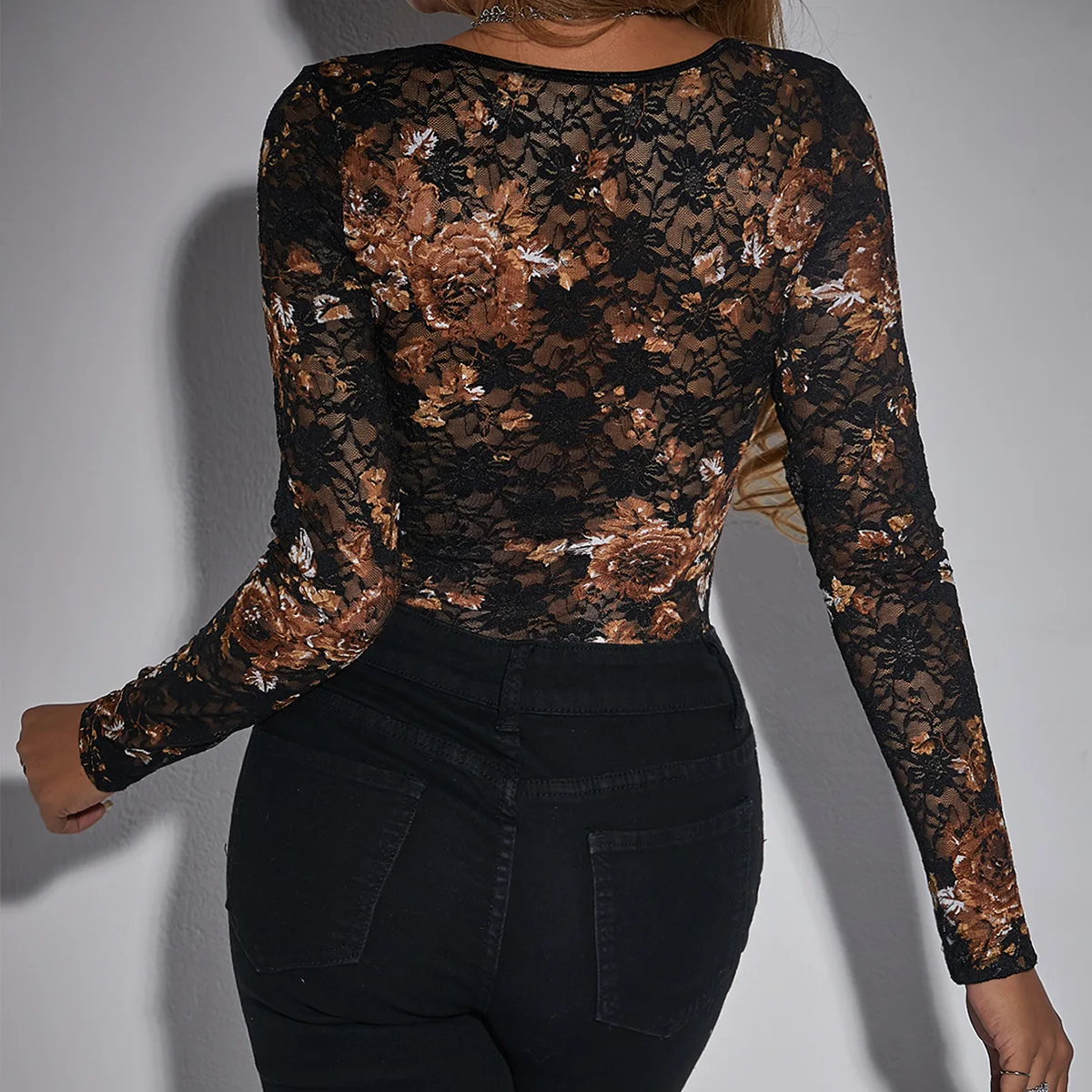 Sexy Lace Bodysuit Women Square Collar Floral Embroidered Jumpsuit Transparent Top T-shirt Long Sleeve Spring Autumn 63905 - view 6