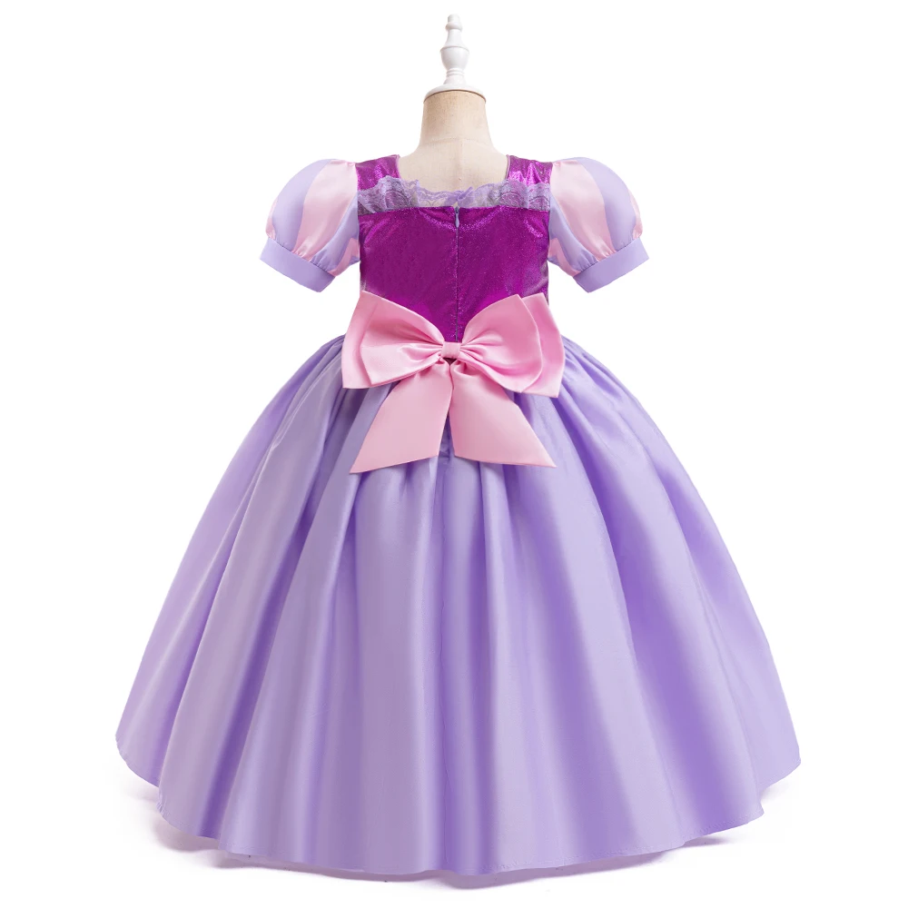 Bow Sofia Rapunzel Princess Costume for Girls Carnival Cosplay Butterfly Gown Puff Sleeve Flower Birthday Performance Girl Dress