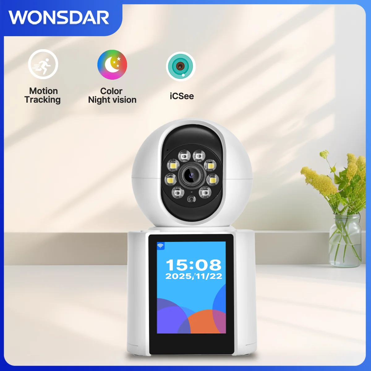WONSDAR PT Wifi Camera 2.8 inch Screen Wireless Two Way Audio IP Camera AI Human Detection Video Calling Surveillance iCSee