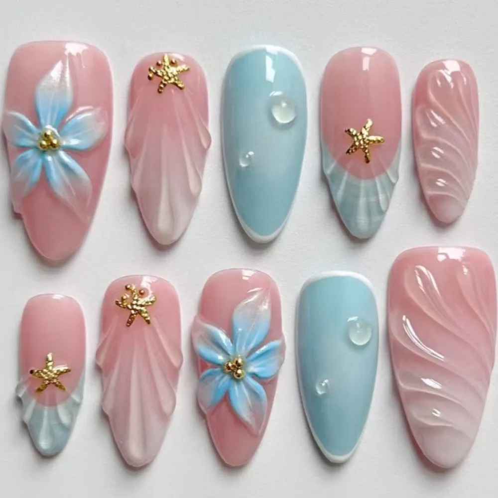 

24pcs 3D handmade drip glue shell pattern flower nail art French wearable nail, European and American almond shaped nail plate