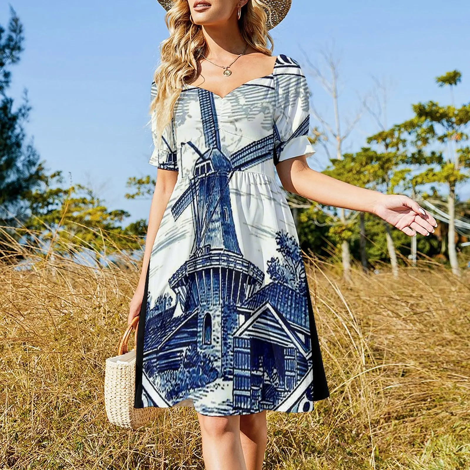 DUTCH BLUE DELFT : Vintage Windmill Print Short Sleeved Dress women evening dress Beachwear Dress