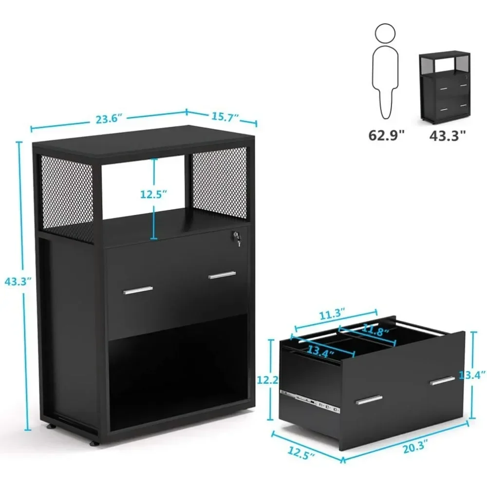 2 Drawer Lateral File Cabinet with Lock, Letter/Legal / A4 Size, Large Modern Filing Cabinet Printer Stand with Metal Wire Open