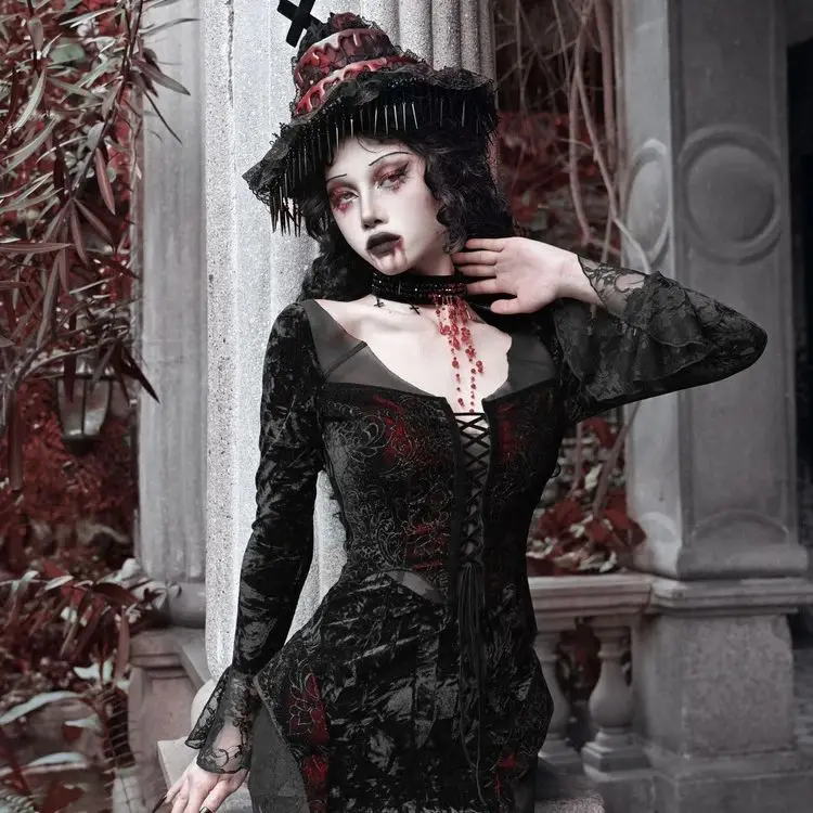 Blood Supply Original Design Vampire Black Red Dress Lace Patch Gothic Velvet Trumpet Long Sleeve X-Long Dress Holloween