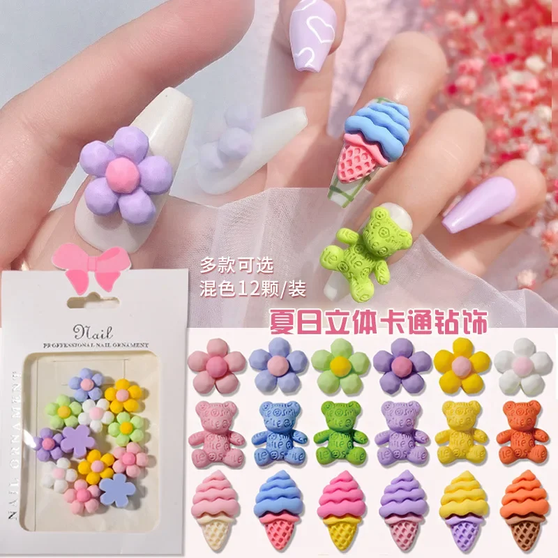 

12pcs/bag Wholesale kawaii Nail Art Cartoon Resin 3D Nail Charms donut ice cream bear cat rabbit flowers Nail Decoration Charms