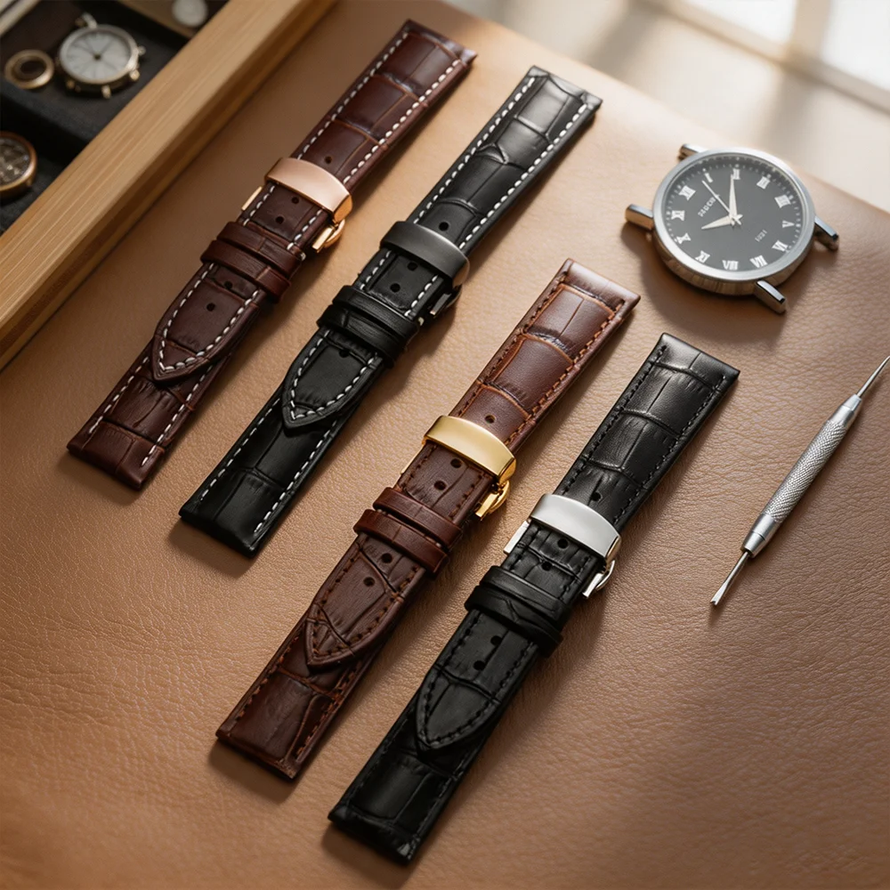 Butterfly Buckle Genuine Calfskin Leather Watch Strap Universal Replacement Band 12-24mm Multiple Sizes Available for Men And Wo