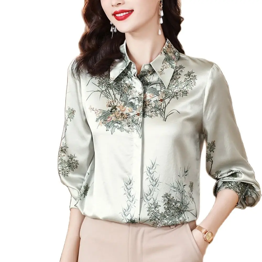 Elegant Flower Printed Satin Shirts And Blouses Women New 2024 Fashion Korean style Women\'s Clothing Blusa Tops Camisas E Blusas