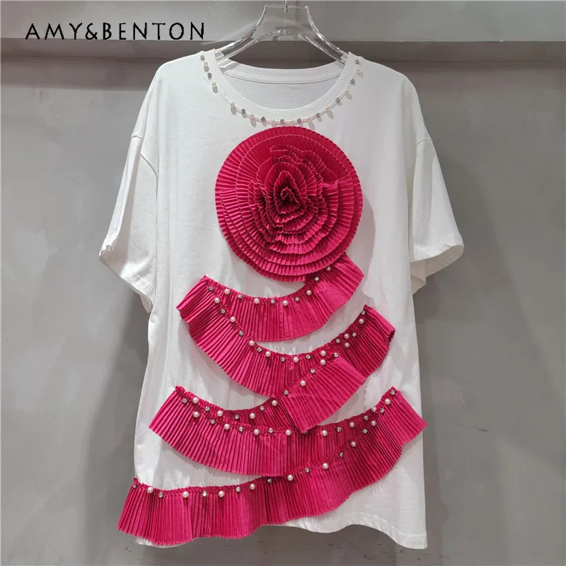 

New Special Design Design Sense Top T Shirts Three-dimensional Flower Bead Splicing Lace Fashion Short-sleeved Y2k T-shirt Women