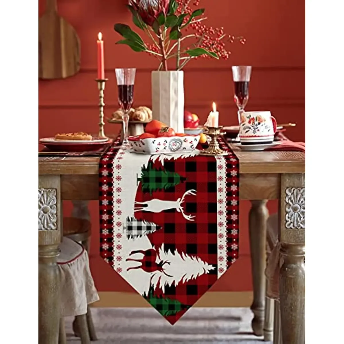 Choinka Xmas renifer płatek śniegu czerwony czarny krata bieżniki na stół antypoślizgowy zmywalny bieżnik na stolik kawowy do jadalni Home Decor