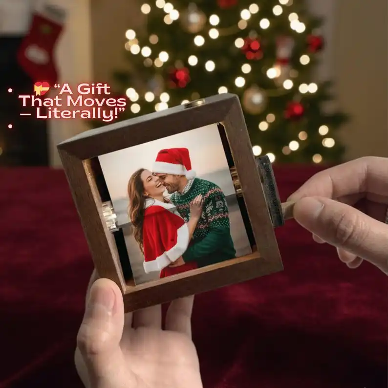 Unique Gift for Couples Personalized Flipbook Box Photo Frame with Light Wooden Hand Crank Photo Album Custom Family Photos Cube