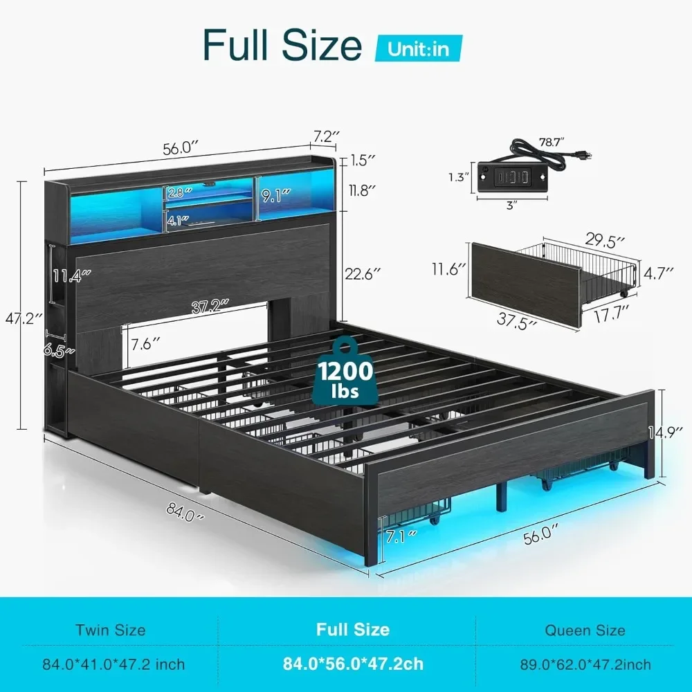 Full Bed Frame with Storage Headboard, Metal Platform Bed with Charging Station, LED, 4 Drawers, Bookcase Storage,