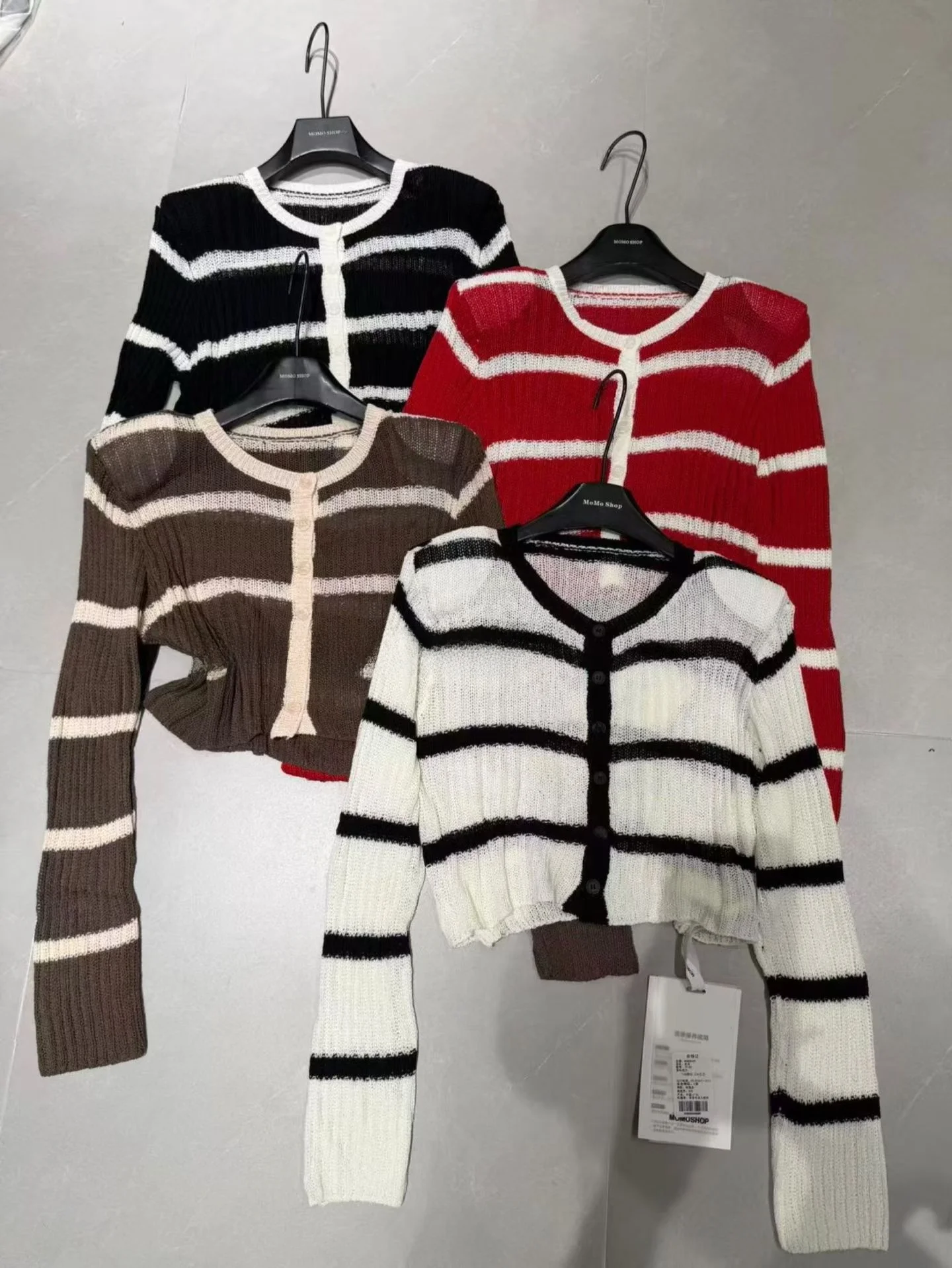 Korean Style Shoulder Padded Striped Loose Long Sleeve Knitted Open Cardigan Women's Fashion Autumn 2026 Polyester Fiber