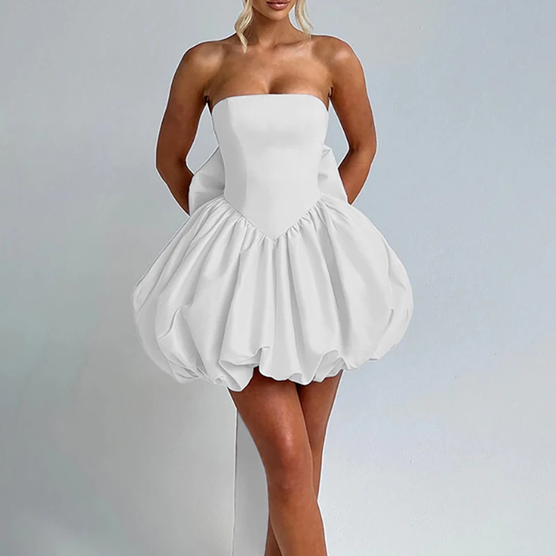 Elegant Backless Bow Slim Party Dress Fashion High Waist Sleeveless Solid Mini Dress Lady Sexy Strapless Pleat Prom A-Line Dress