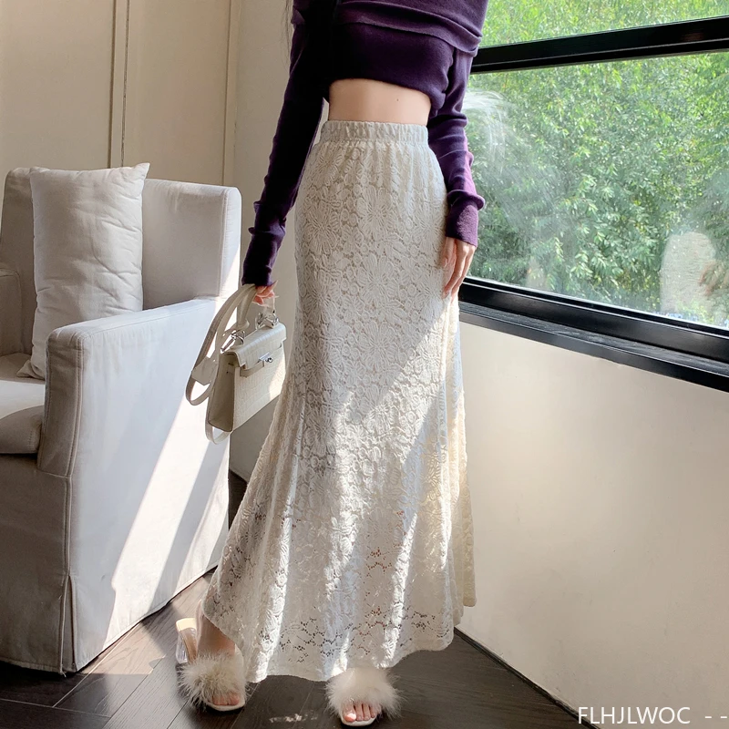 Hollow Out Lace Skirts New Year Christmas Woman Elegant Lady Birthdays Party High Elastic Waist Black Lace White Skirt Long