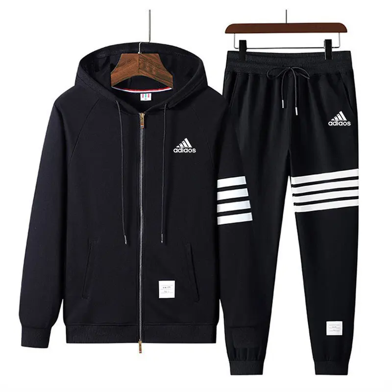 Men's Casual Sportswear Street Fashion Men's Wear Zipper Hooded Sweatshirt +Sweatpants Two-piece Classic Striped Design Menswear