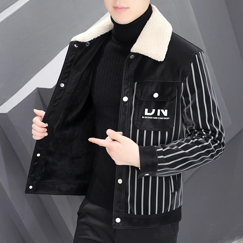 Winter New Men's Jacket Middle-aged Lapel Thickened Casual Vertical Stripe Leather Warm waterproof Jacket