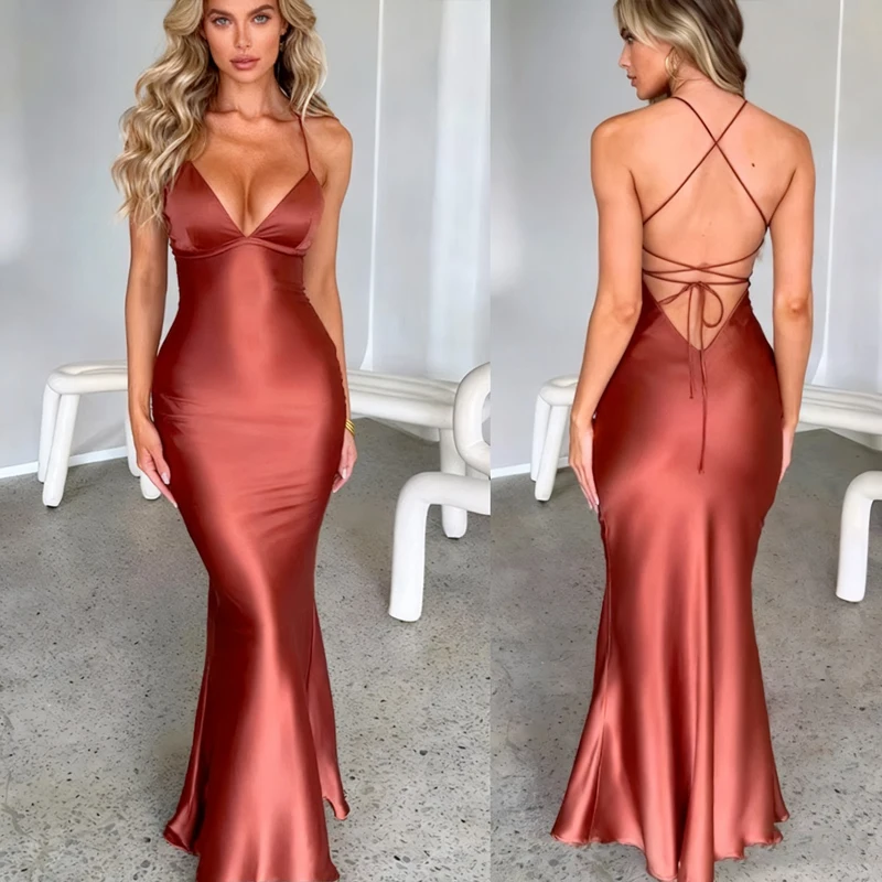 New Fashion Backless Women's Evening Dresses Slash Neck Spaghetti Strap Satin Dress Spring and Summer High Waist Slim Lady Dress