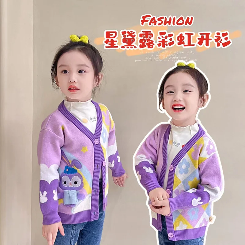 Disney Star Dailu Autumn New Girls Cardigan Jacket Cartoon Top Cute Purple Long Sleeve Sweater