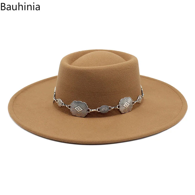 Bauhinia White Felt Fedoras Hat For Women 9.5cm Big Brim New Formal Church Wedding Cap Concave Flat Derby Hats