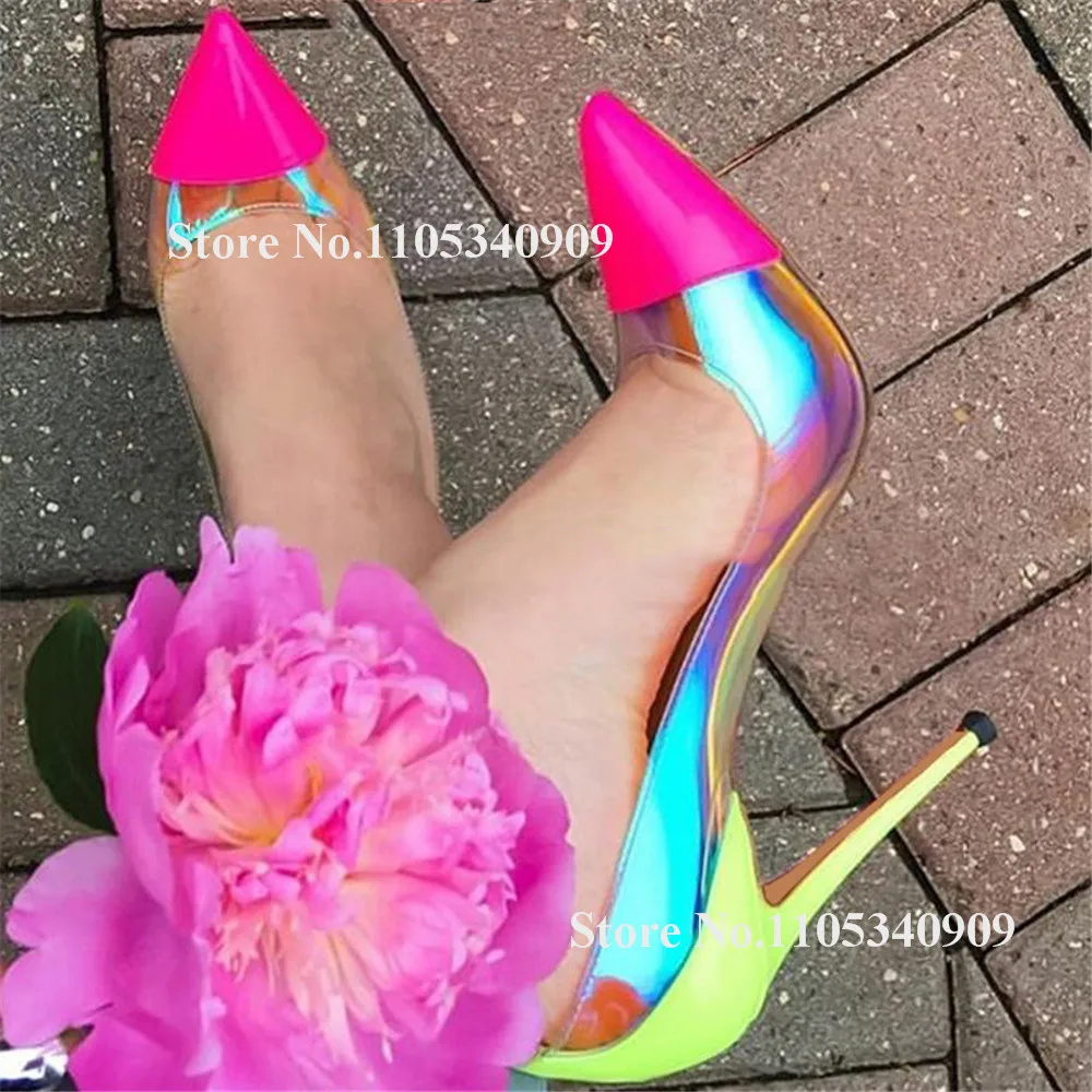 Bondarenko PVC Patchwork Patent Leather Stiletto Heel Dance Shoes Pointed Toe Pink Blue Thin Heel 12cm Wedding Pumps