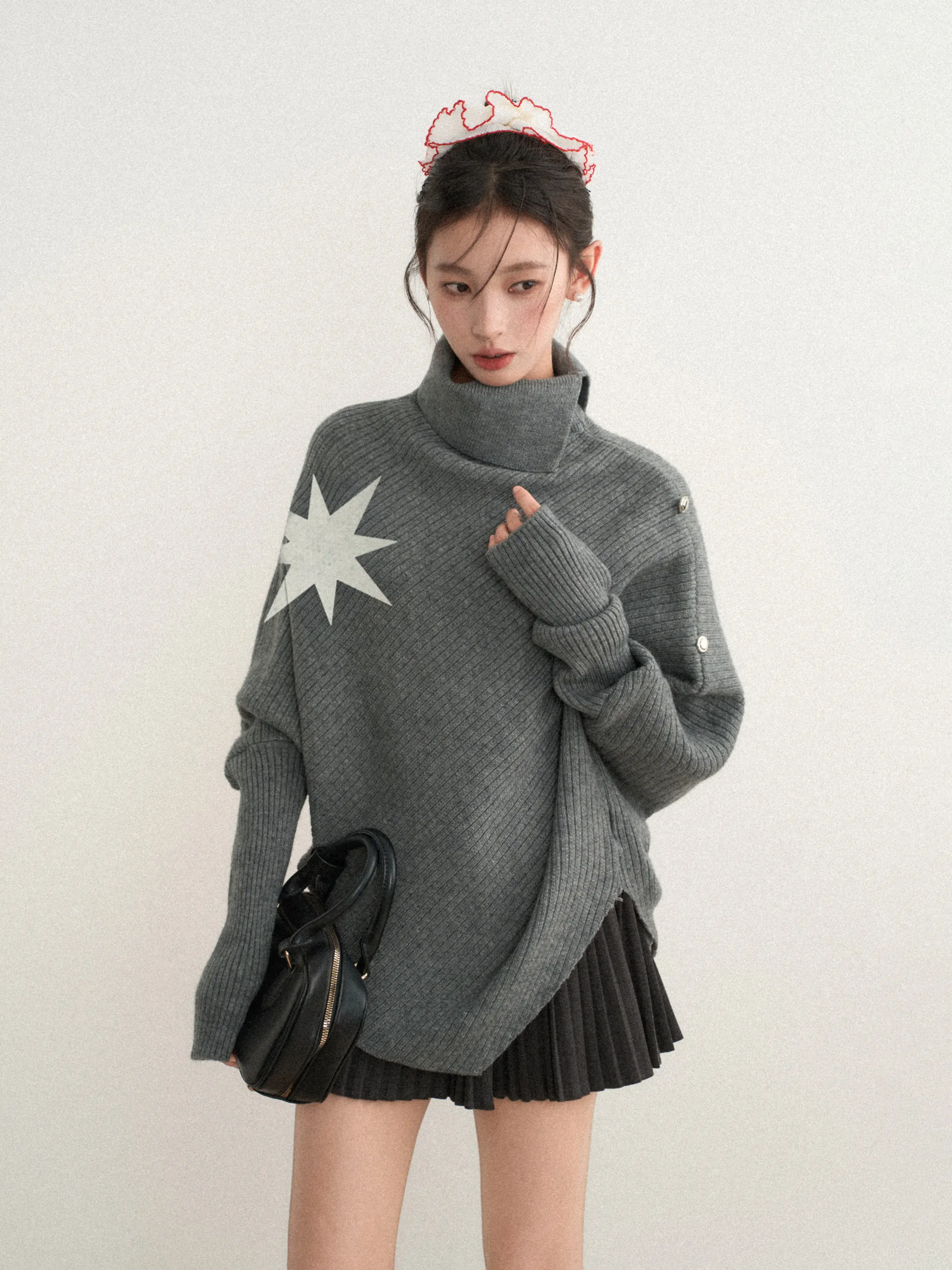 Women Grey Gothic Pullover Sweater Harajuku Aesthetic Y2k Long Sleeves Turtleneck Knitted Sweaters Vintage 2000s Clothes Autumn