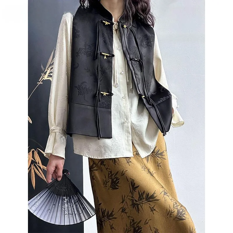 

New Chinese Sle Belt Vest Jaet with Button Strap Tank Top Outerwear Women's Faion Spring Season Polyester Fiber